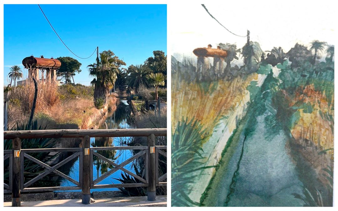 Imagen de la marjal de Almenara contrapuesta con la imagen del cuadro que le han regalado a la Inmobiliaria Quasablanqua